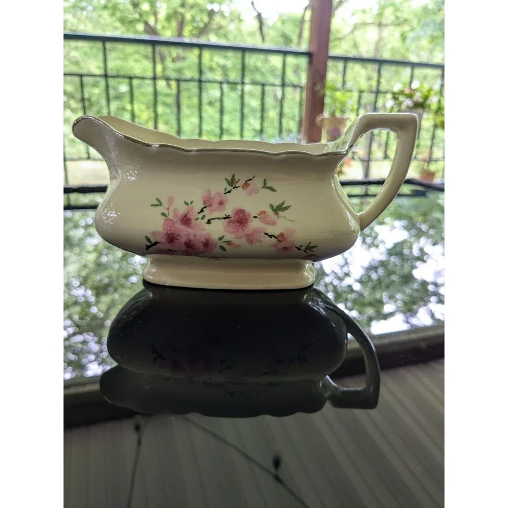 Vintage Canarytone Gravy Boat Cherry Blossoms Unmarked Silver Trim Porcelain